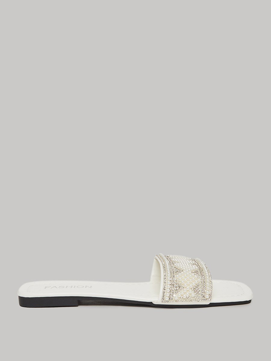Pearl Embellished Slip-On Flat Sandals