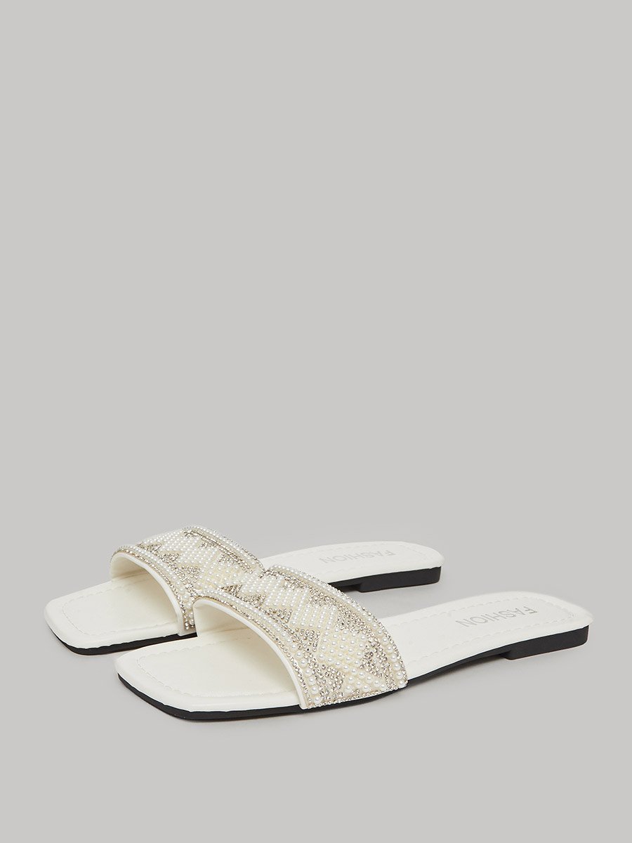 Pearl Embellished Slip-On Flat Sandals
