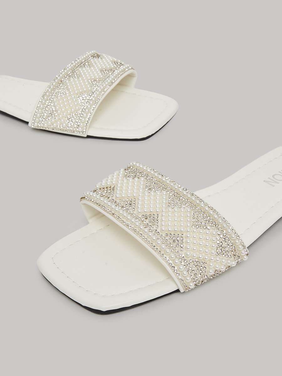 Pearl Embellished Slip-On Flat Sandals