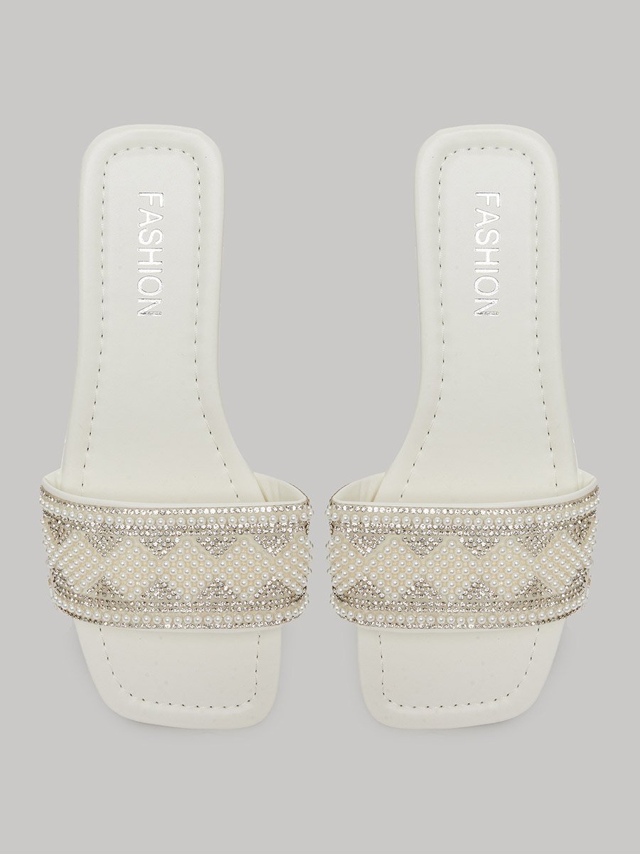 Pearl Embellished Slip-On Flat Sandals