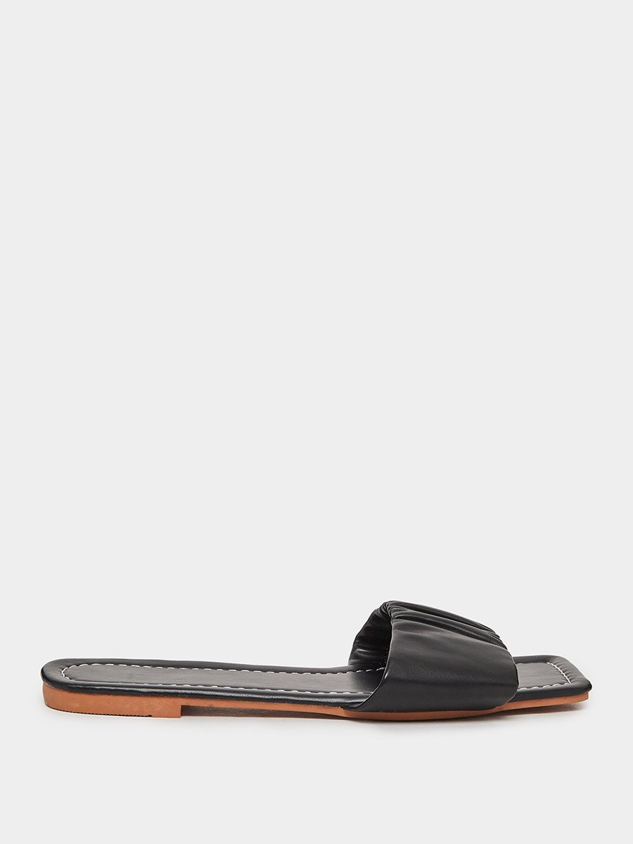 Black Pleated Slip-On Flat Sandals