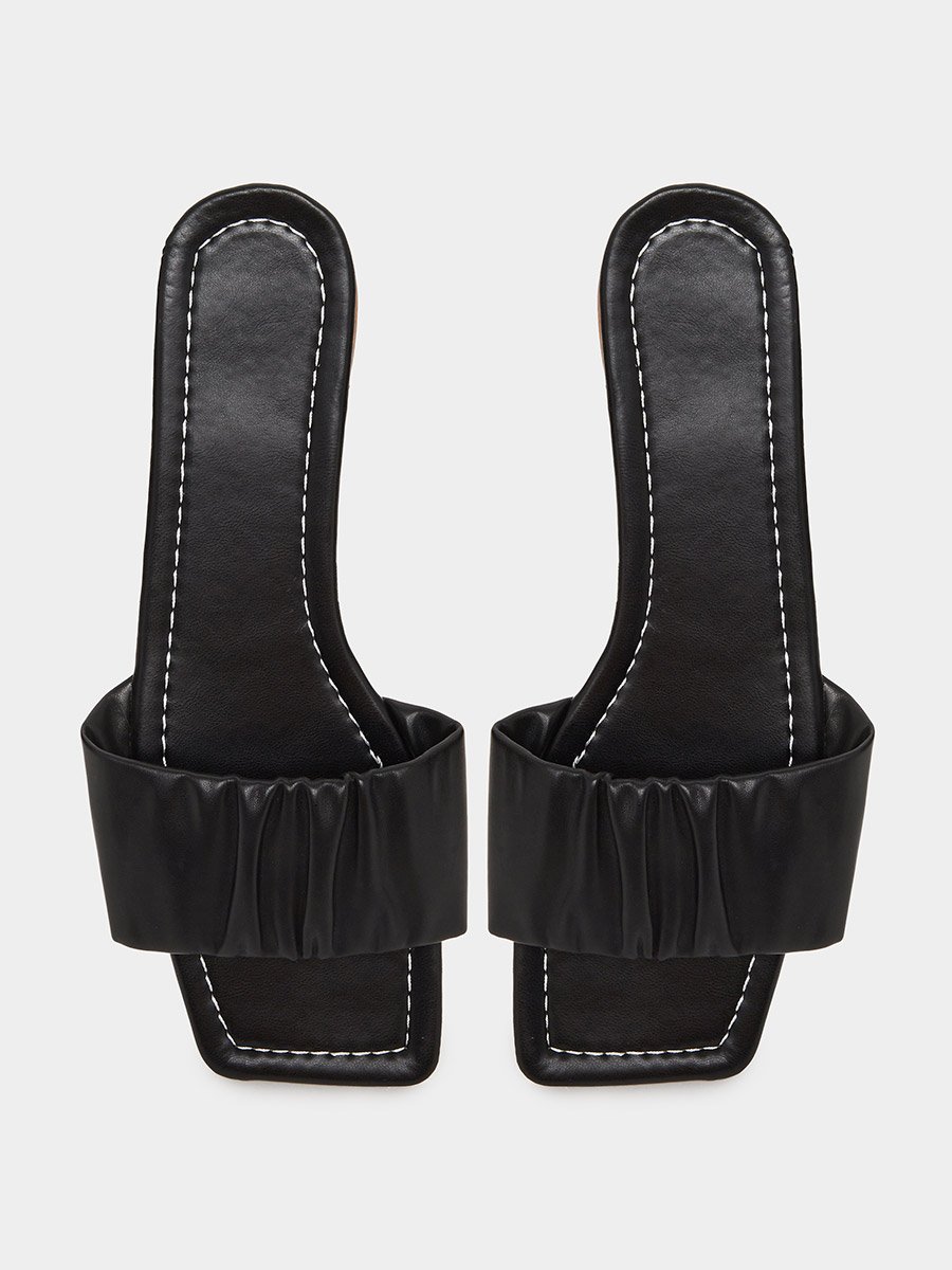 Black Pleated Slip-On Flat Sandals