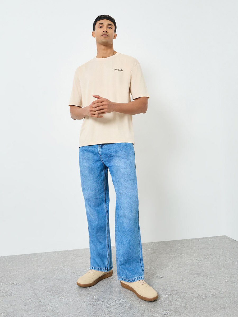 Men Beige Embossed Print Oversized T-Shirt