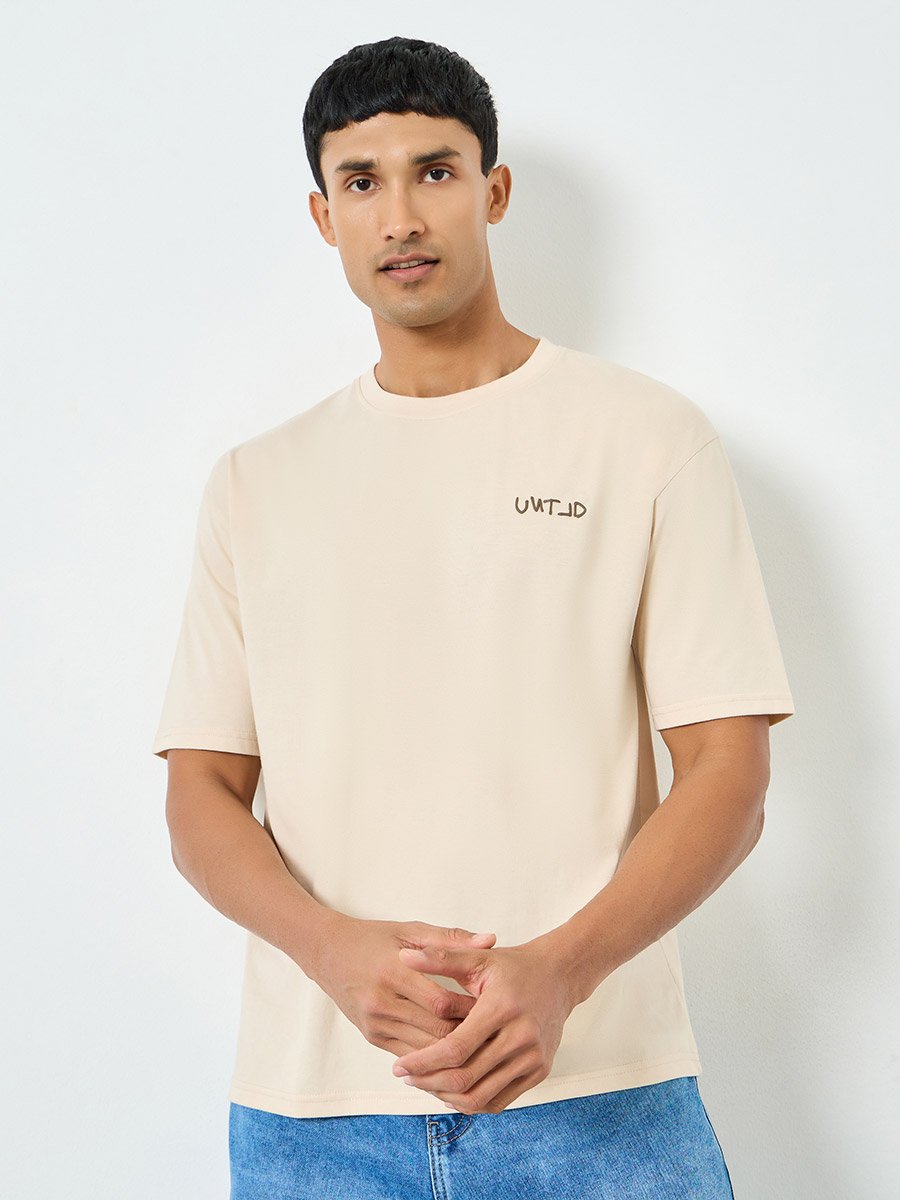 Men Beige Embossed Print Oversized T-Shirt