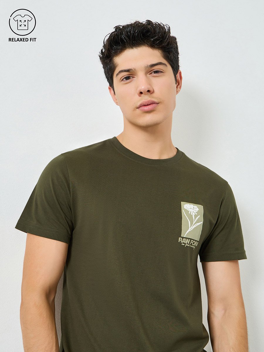 Men Olive Graphic Print Crew Neck T-Shirt