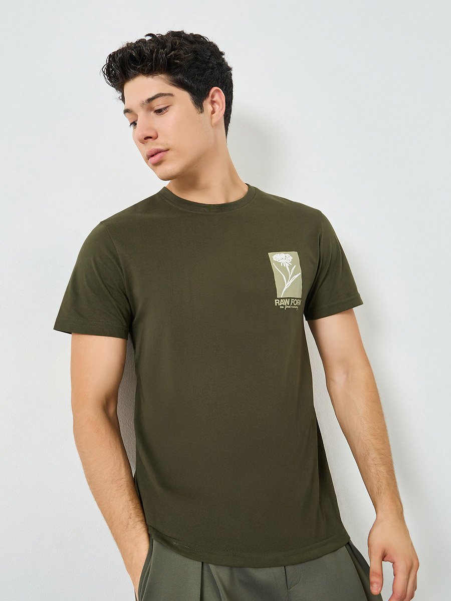 Men Olive Graphic Print Crew Neck T-Shirt