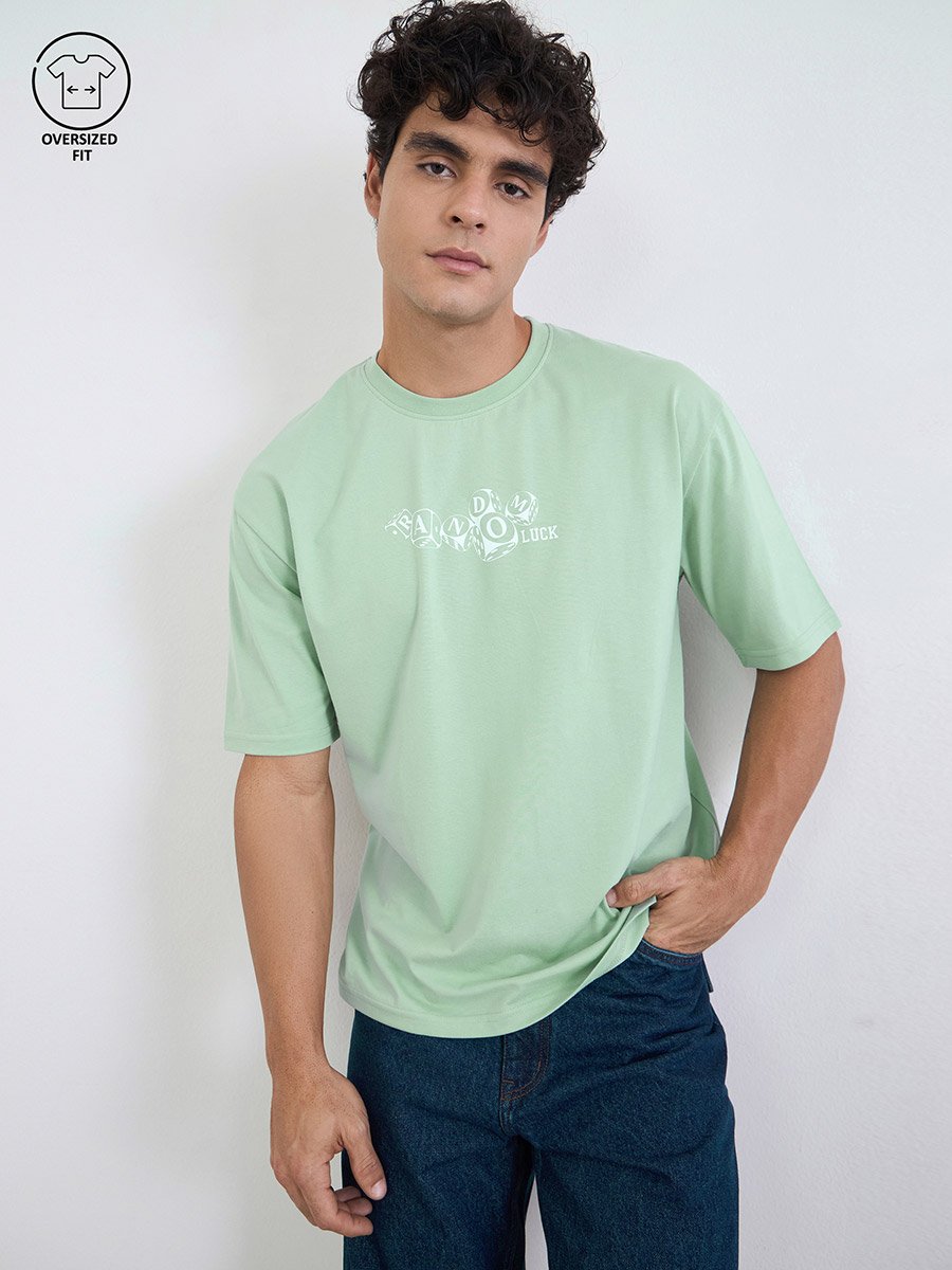 Men Green Graphic Print Oversized Jersey T-Shirt