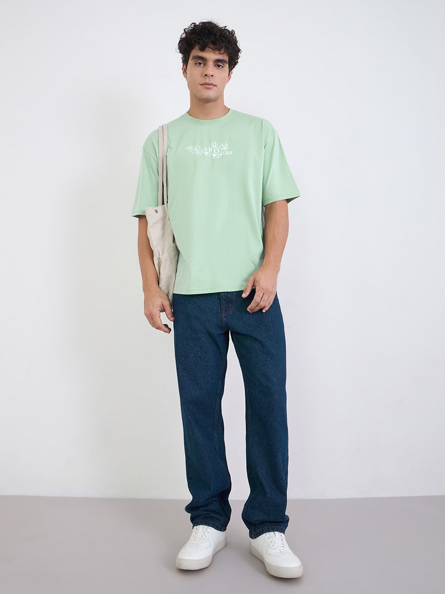 Men Green Graphic Print Oversized Jersey T-Shirt