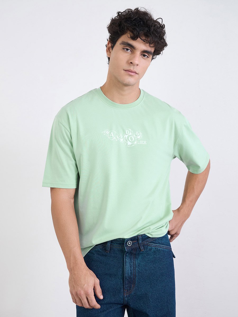 Men Green Graphic Print Oversized Jersey T-Shirt