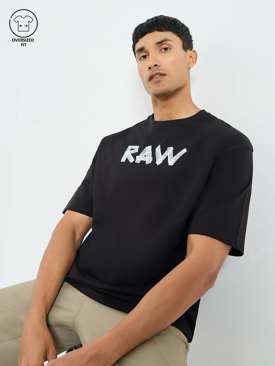 Men Black Graphic Print Oversized Terry T-Shirt