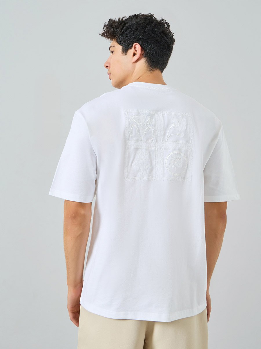Men White Embroidered Boxy Fit T-Shirt