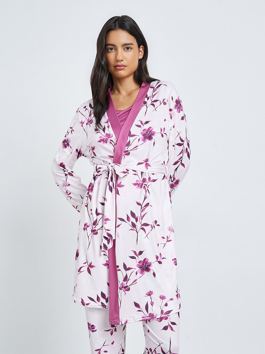 Pack of 3 - Solid Cami, Floral Robe and Pyjama Set