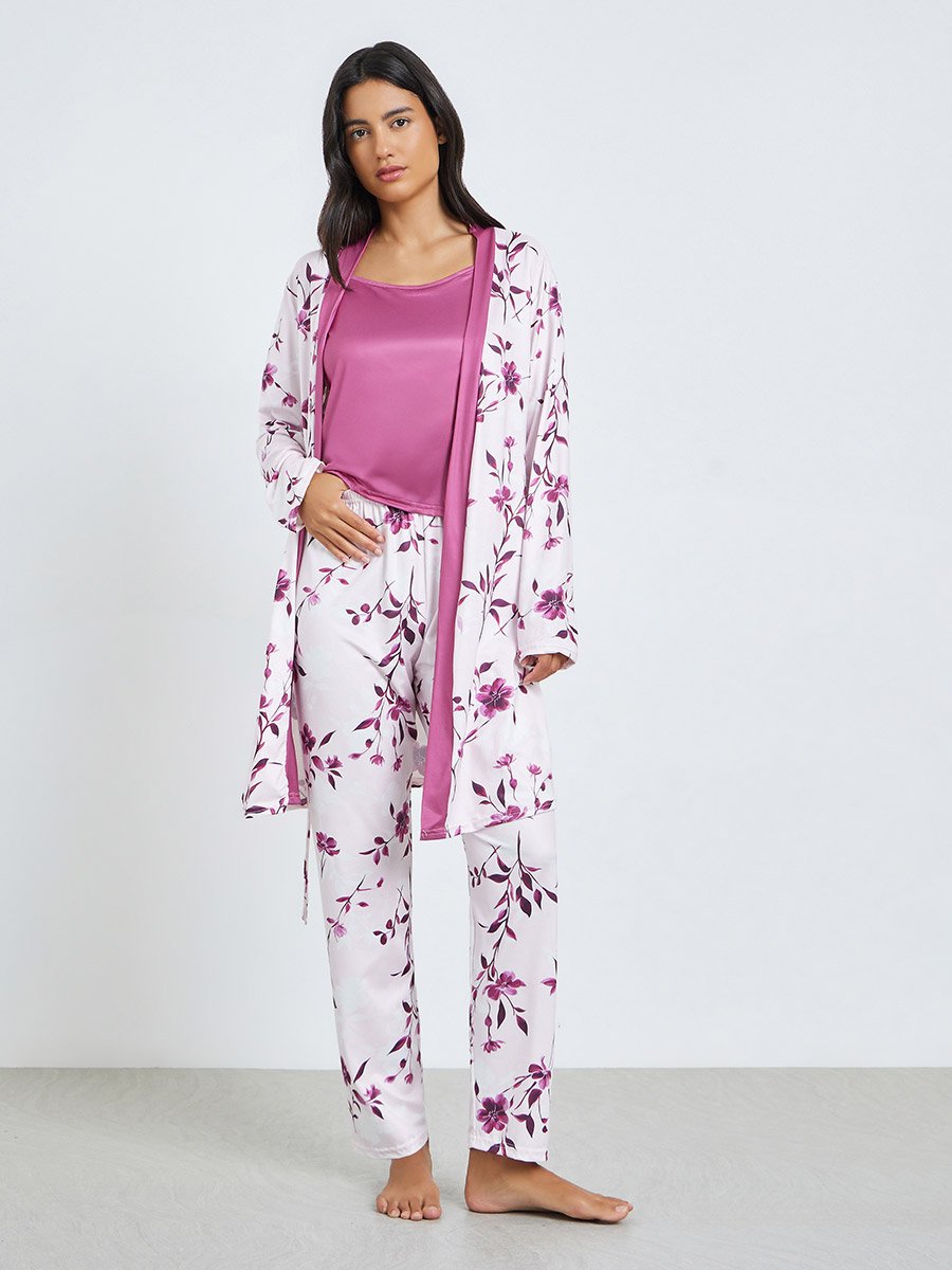 Pack of 3 - Solid Cami, Floral Robe and Pyjama Set