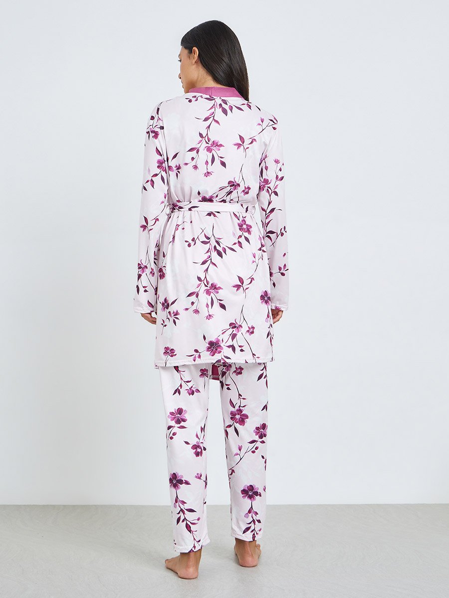 Pack of 3 - Solid Cami, Floral Robe and Pyjama Set