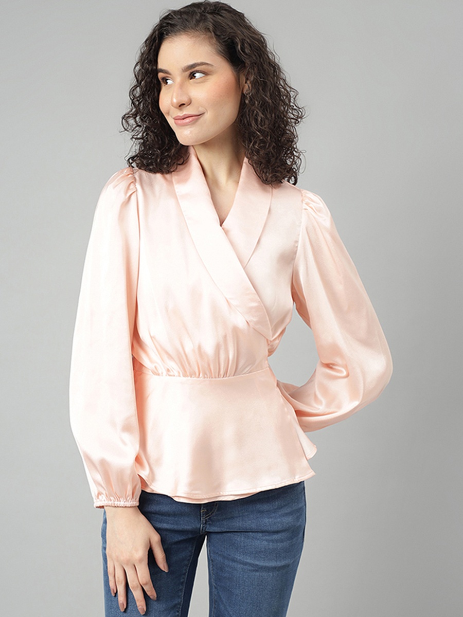 Women Pink Satin Wrap Blouse