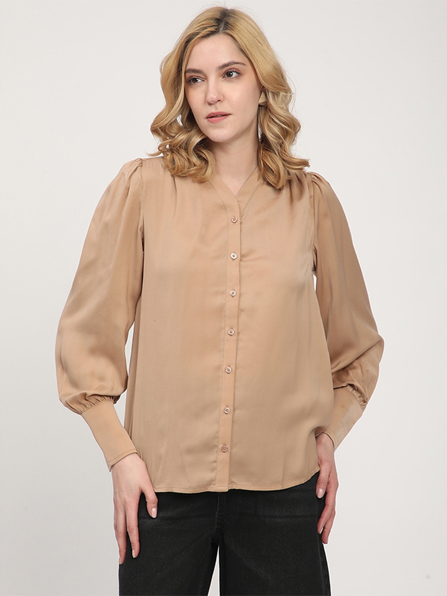 Women Brown Long Sleeve Buttoned Blouse