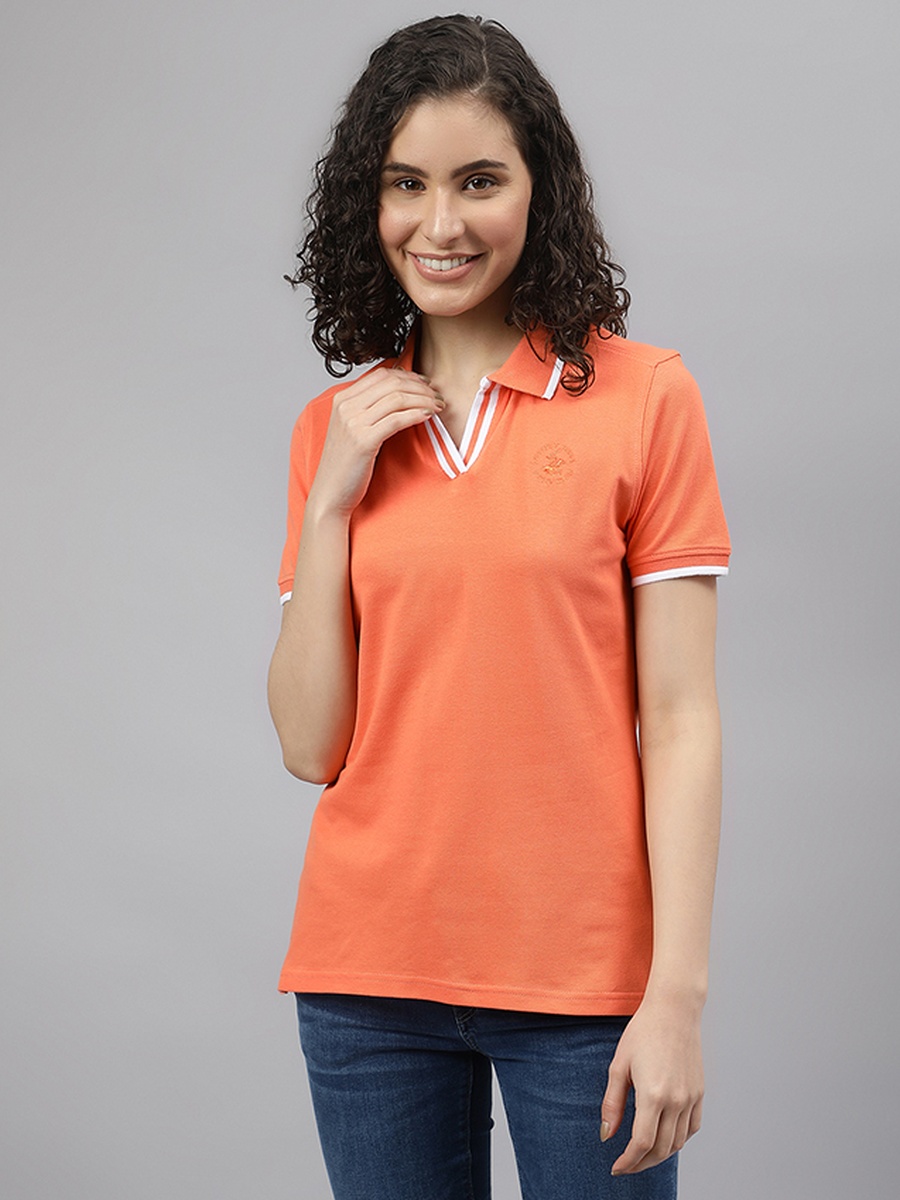 Women Orange Short Sleeve Polo T-Shirt