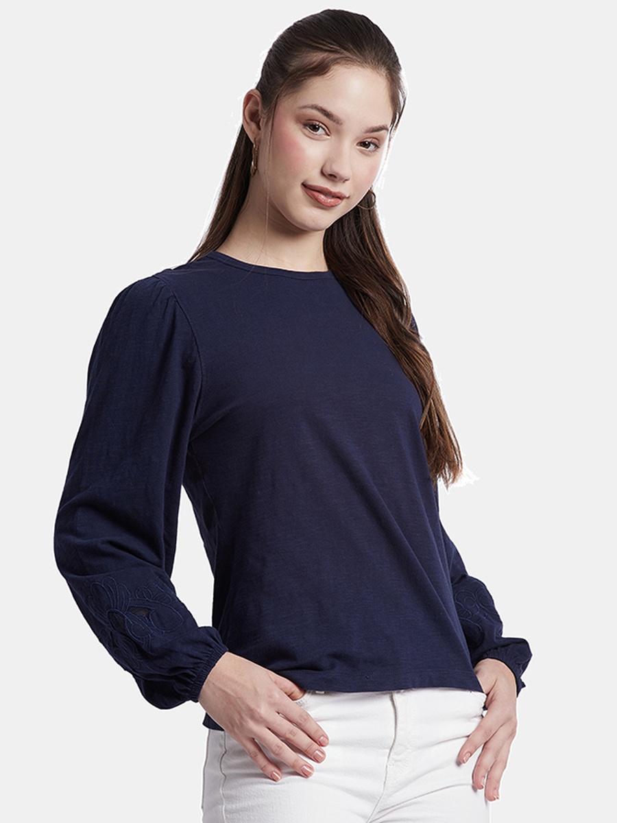Women Navy Blue Balloon Sleeve T-Shirt