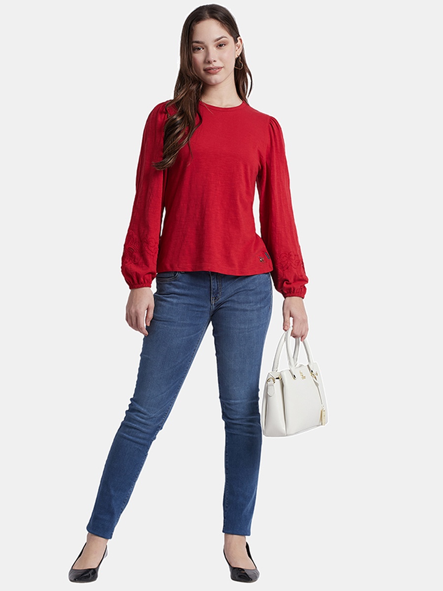 Women Red Balloon Sleeve Cotton T-Shirt