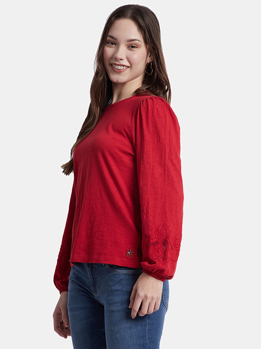 Women Red Balloon Sleeve Cotton T-Shirt