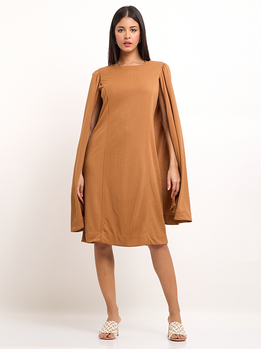 Women Brown Cape Sleeve Knee-Length Dress