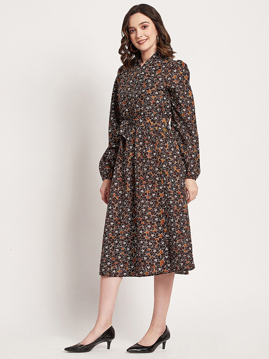 Women Brown Printed A-Line Midi Dress
