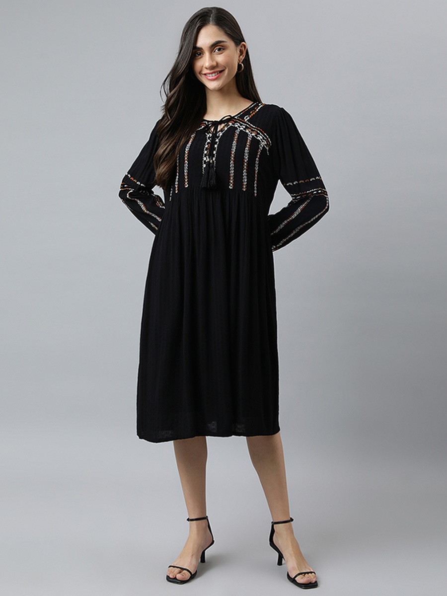Women Black Embroidered Midi Dress