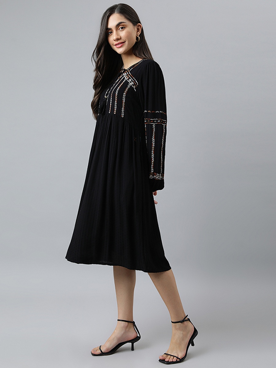 Women Black Embroidered Midi Dress