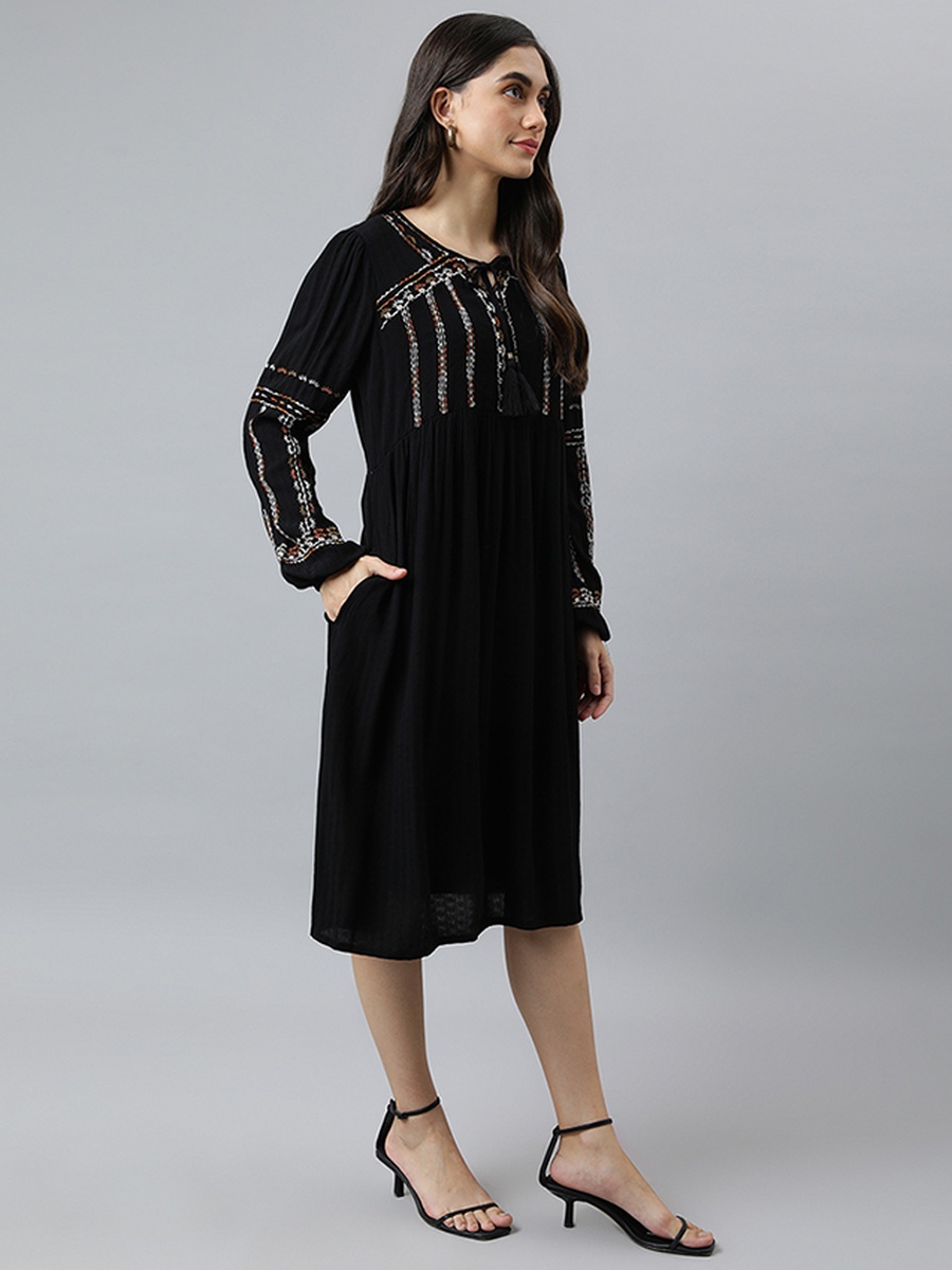 Women Black Embroidered Midi Dress