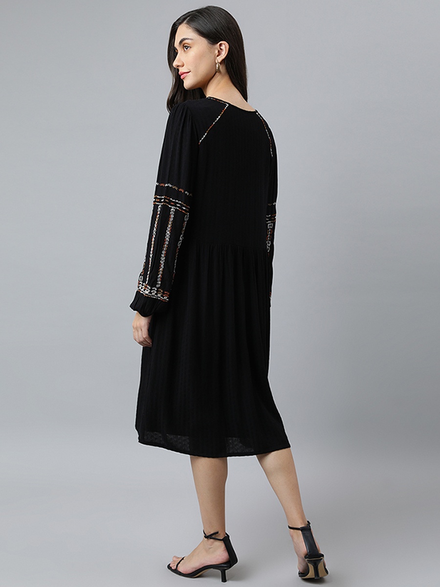 Women Black Embroidered Midi Dress