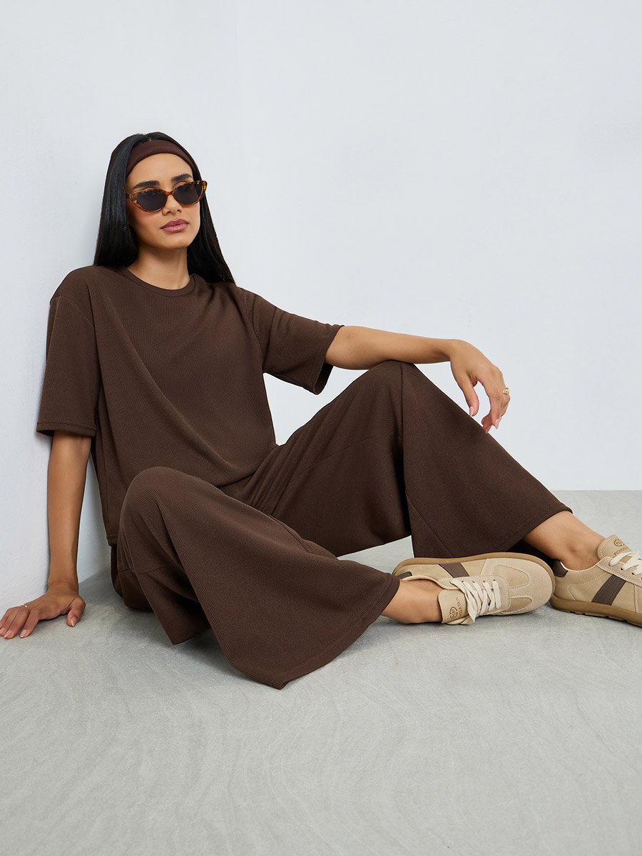 Brown Ribbed T-Shirt and Wide Leg Joggers Co-Ords