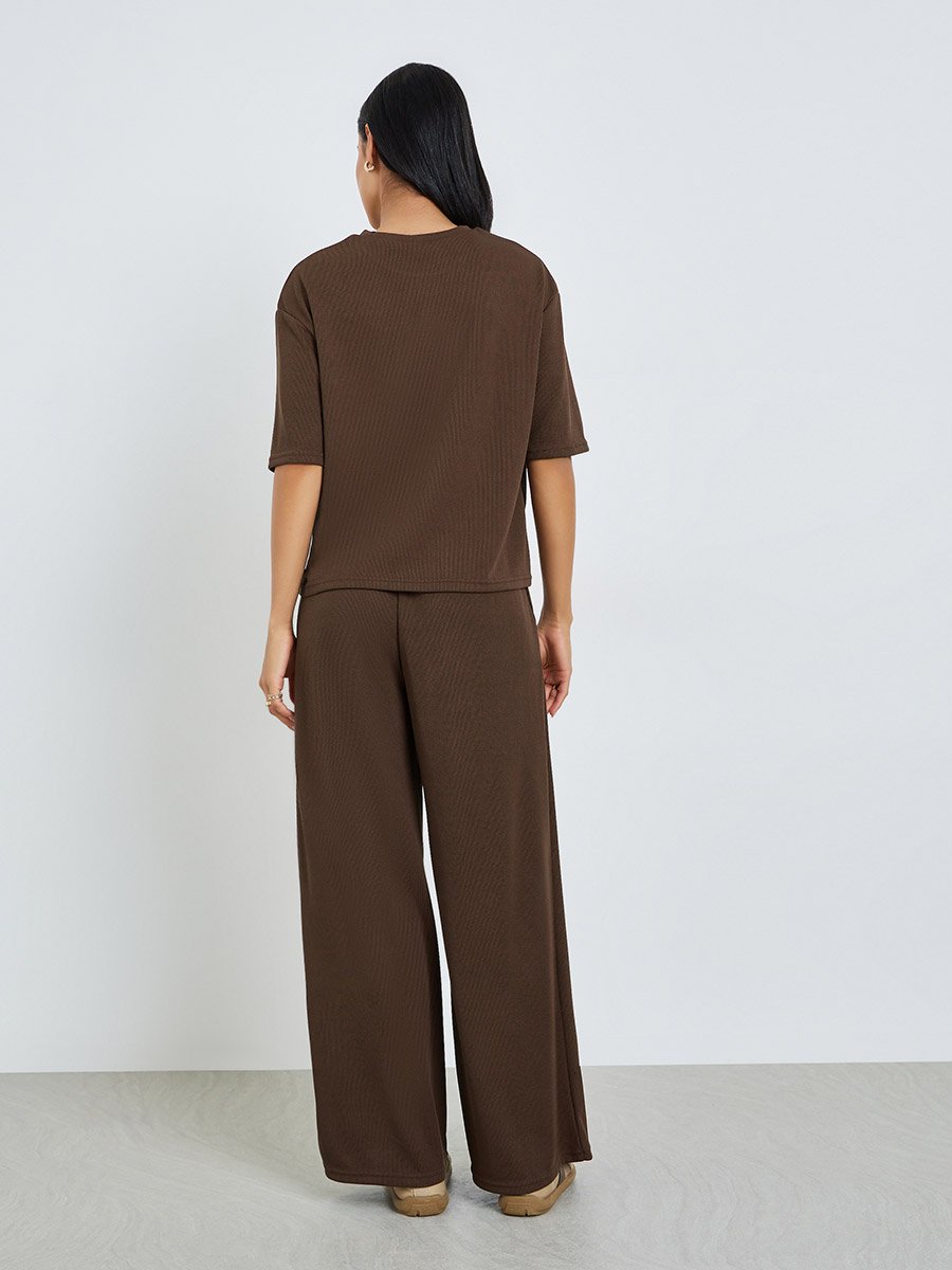 Brown Ribbed T-Shirt and Wide Leg Joggers Co-Ords