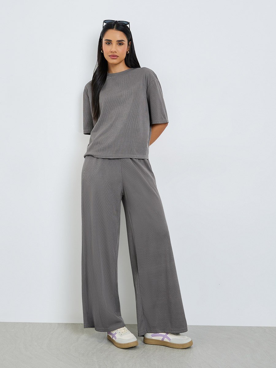 Charcoal Ribbed T-Shirt and Wide Leg Joggers Co-Ords