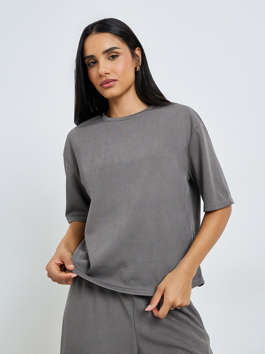 Charcoal Ribbed T-Shirt and Wide Leg Joggers Co-Ords