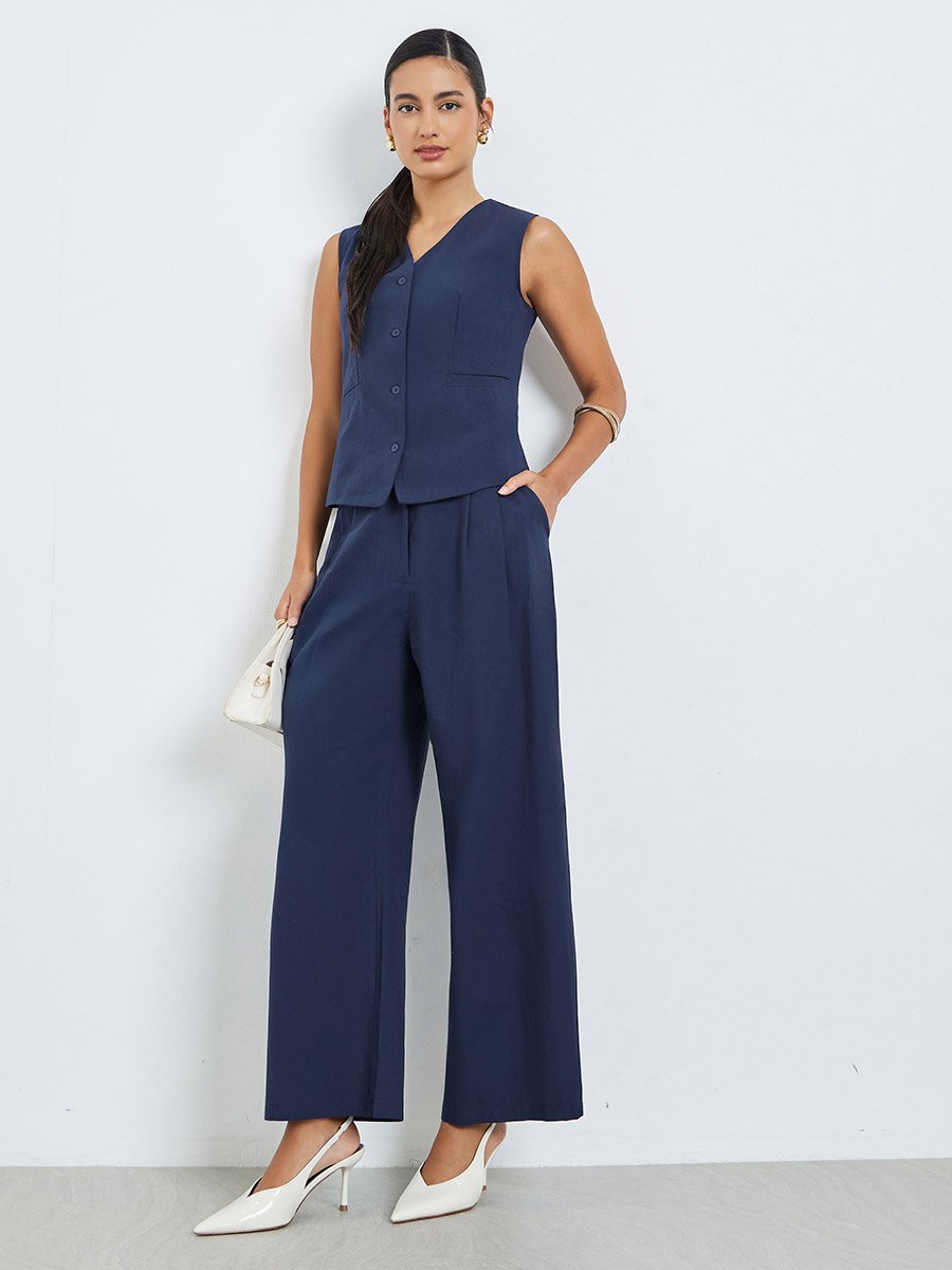 Navy Blue Sleeveless Waistcoat and Pants Co-Ords
