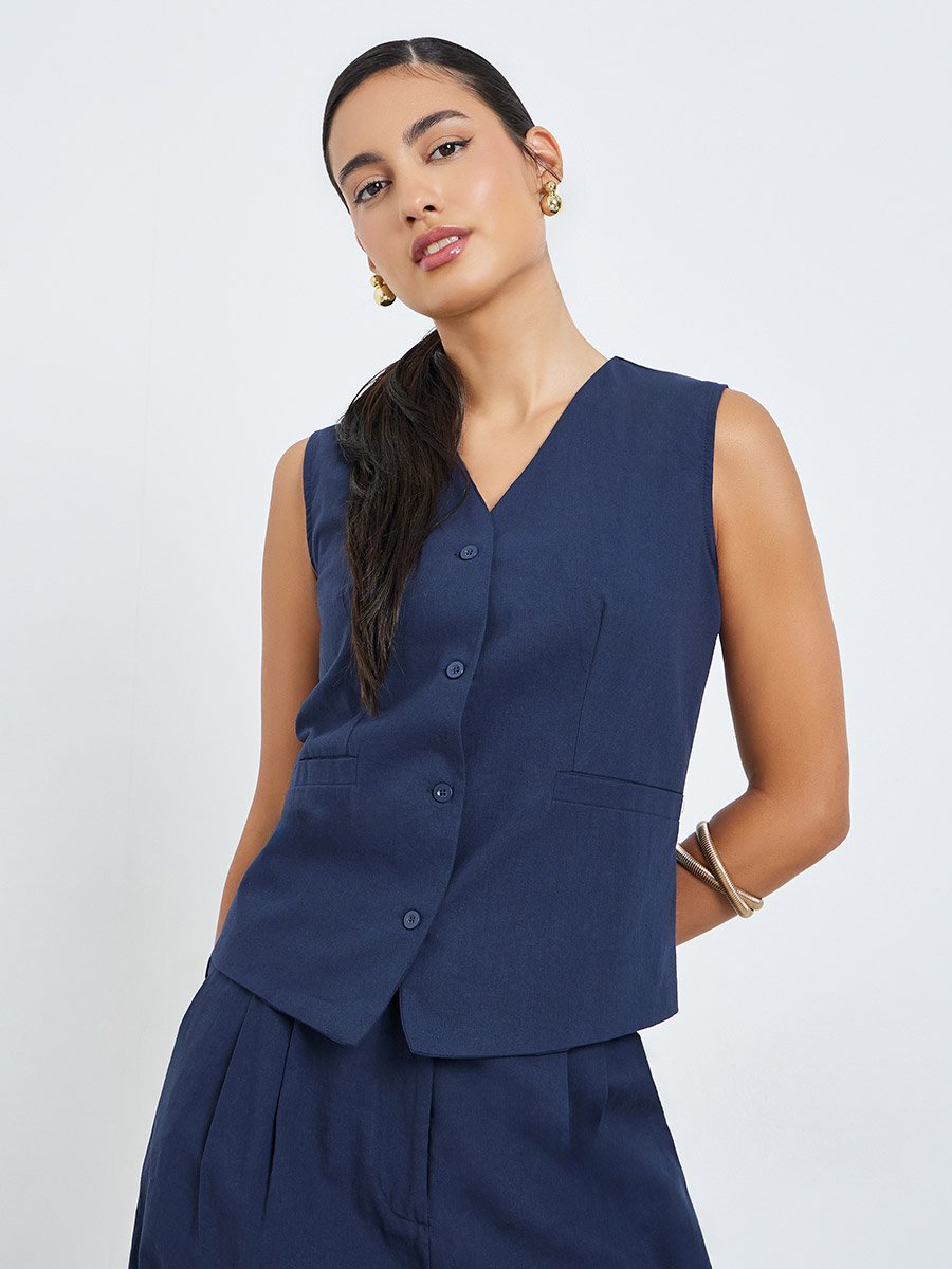 Navy Blue Sleeveless Waistcoat and Pants Co-Ords