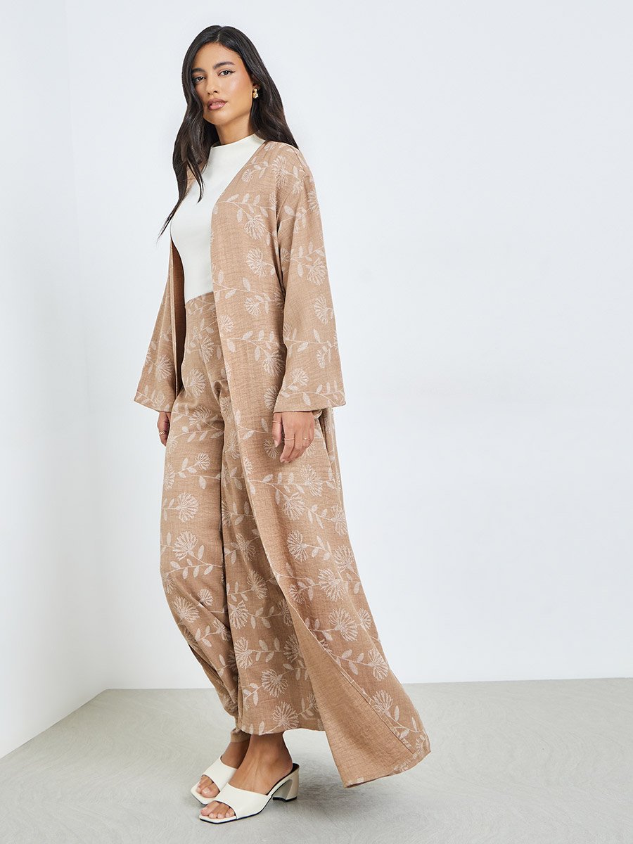 Beige Floral Kimono and Pants Co-ords