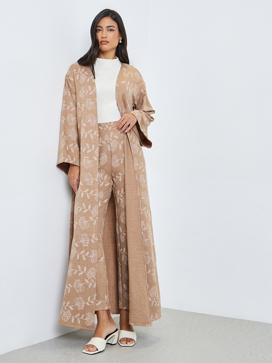 Beige Floral Kimono and Pants Co-ords