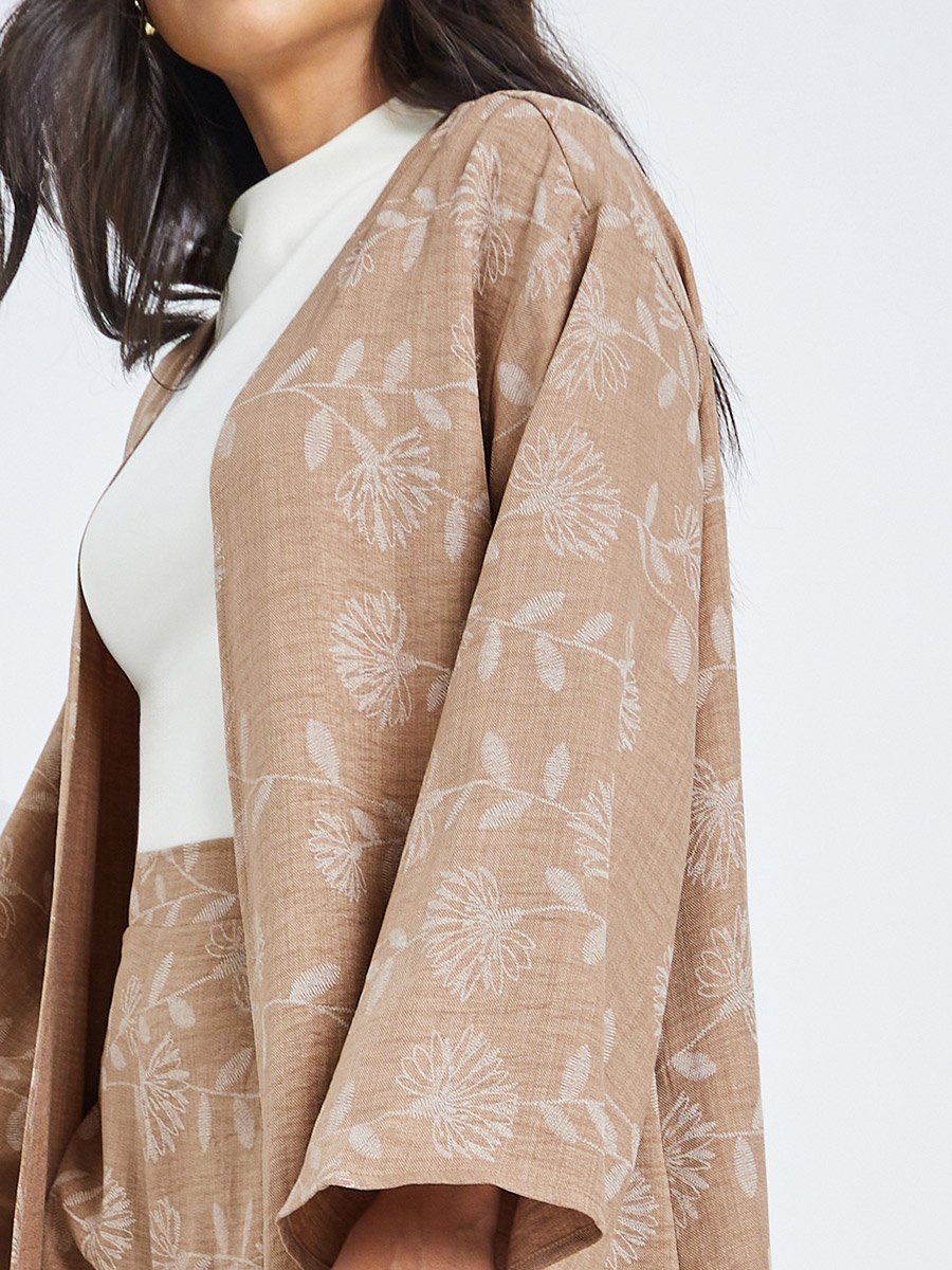 Beige Floral Kimono and Pants Co-ords