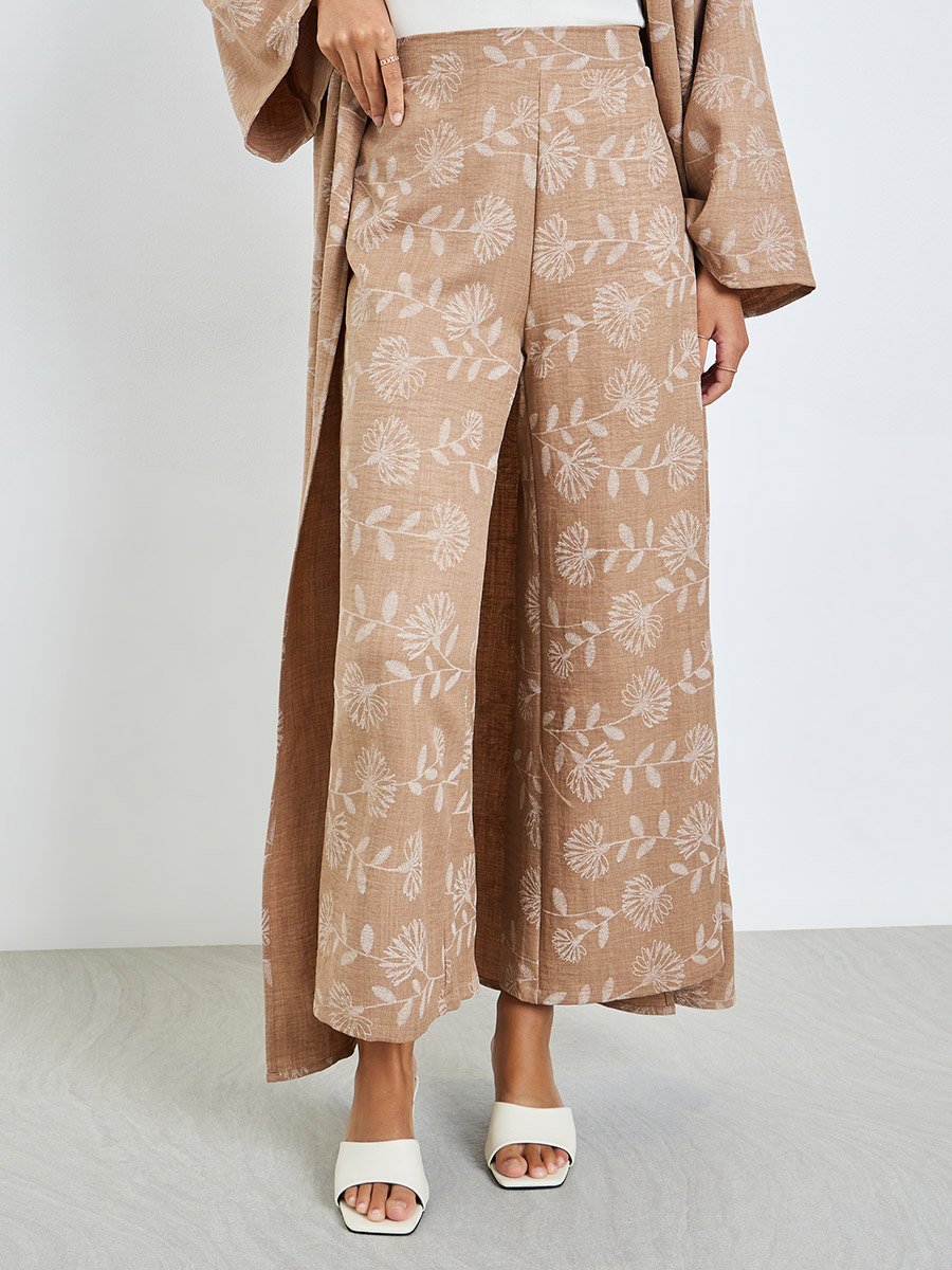 Beige Floral Kimono and Pants Co-ords