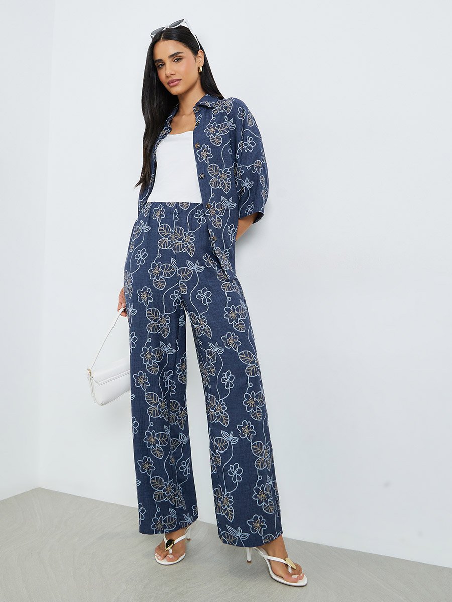Navy Blue Floral Print Shirt and Trousers Co-Ords