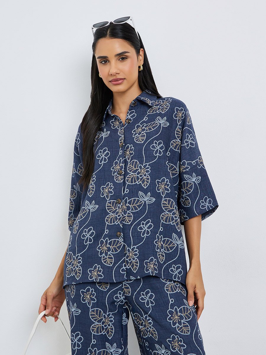 Navy Blue Floral Print Shirt and Trousers Co-Ords