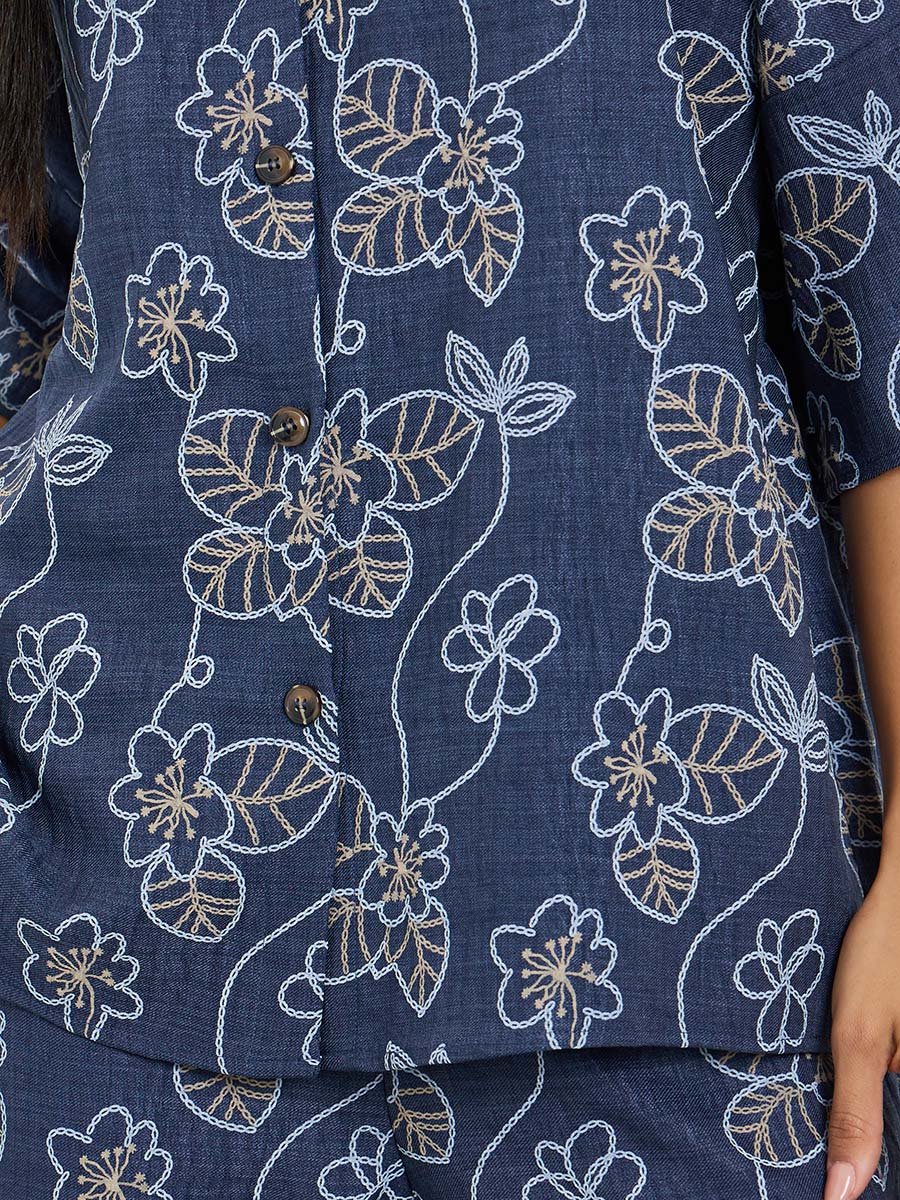 Navy Blue Floral Print Shirt and Trousers Co-Ords