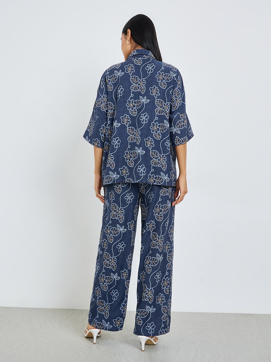 Navy Blue Floral Print Shirt and Trousers Co-Ords