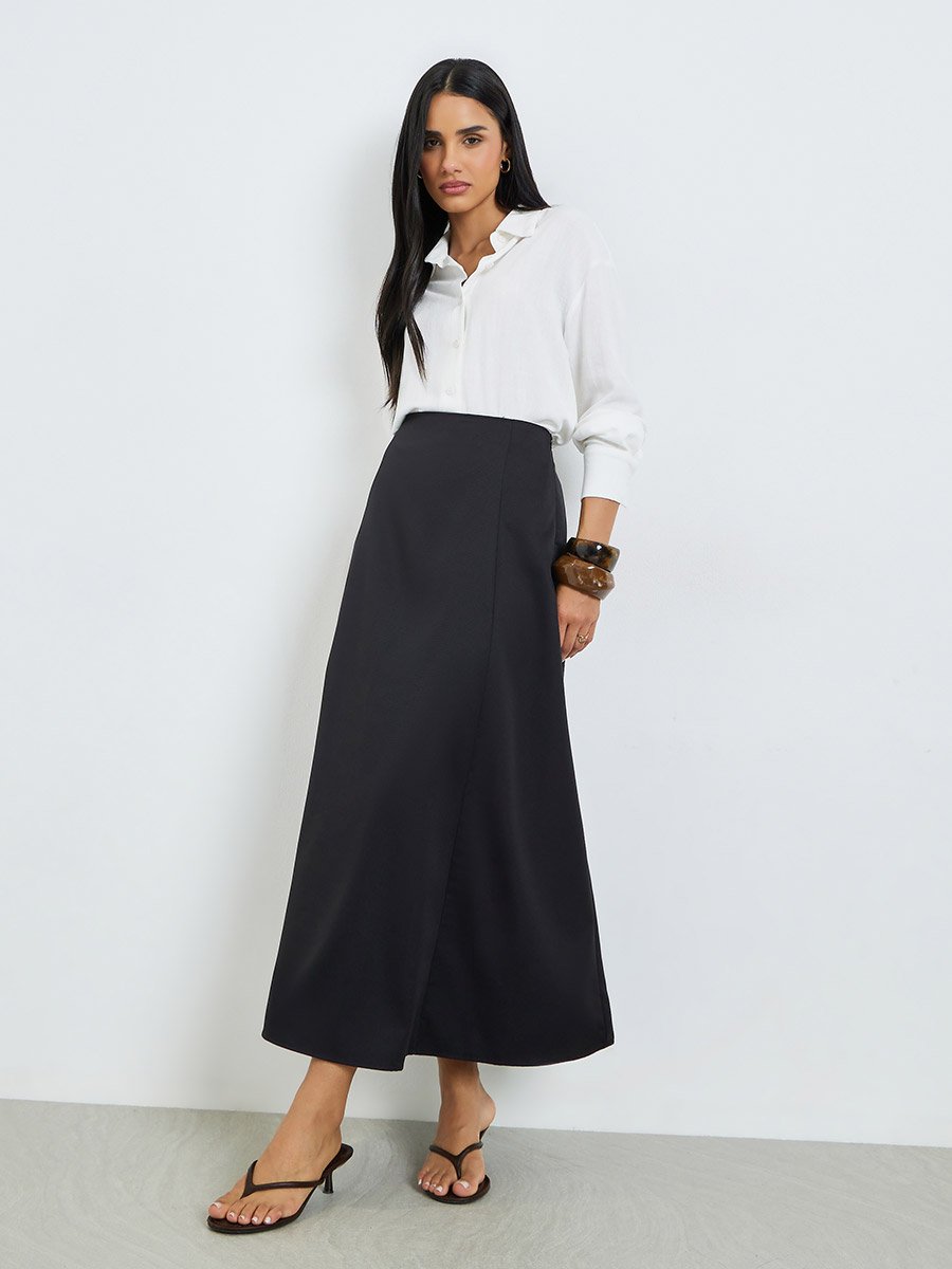 Black Solid A-Line Maxi Skirt