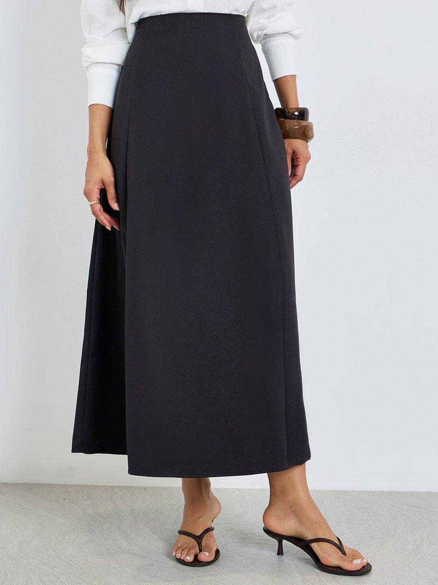 Black Solid A-Line Maxi Skirt