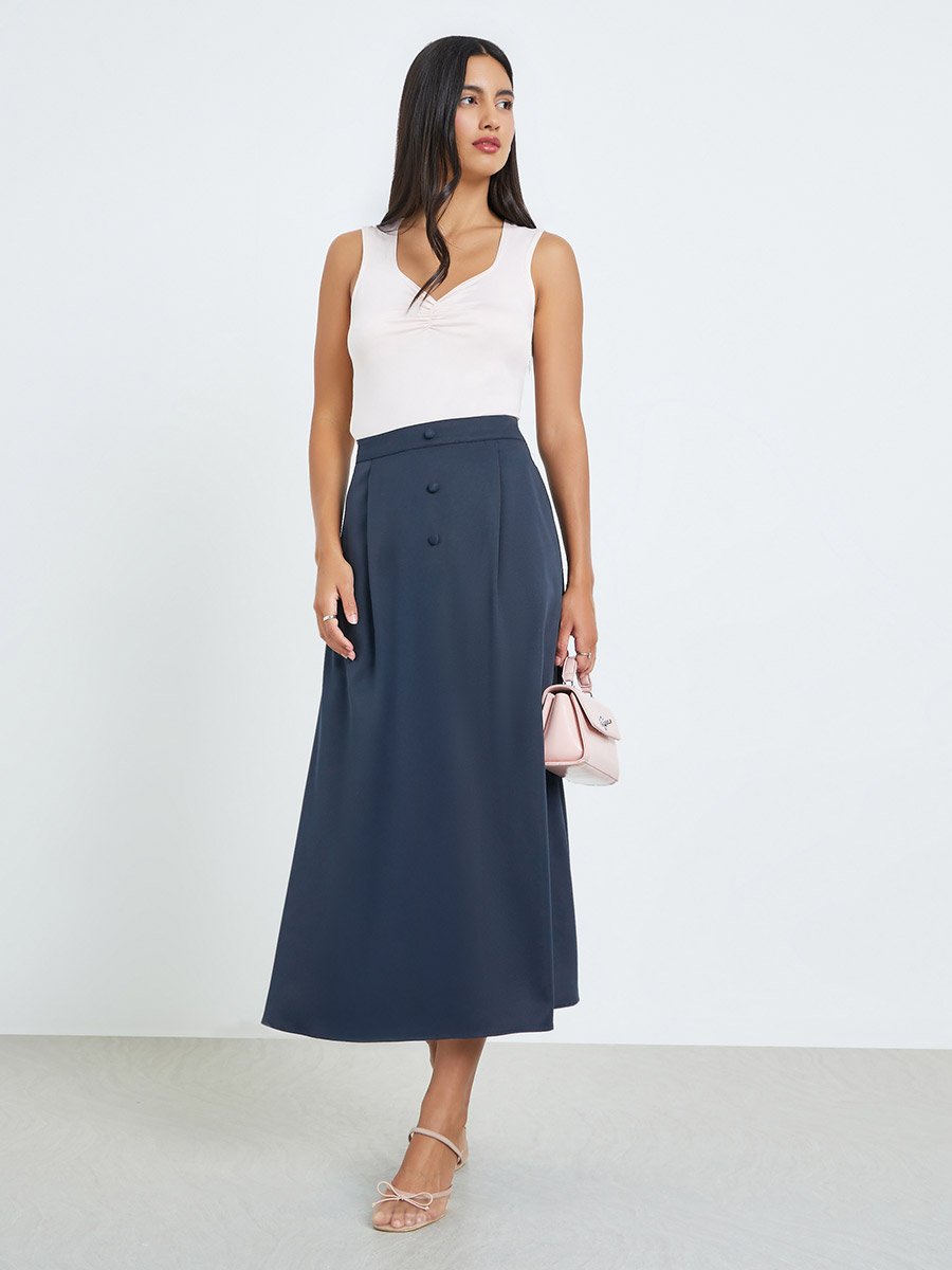 Navy Blue Solid Elasticated Waist Midi Skirt with Pocket Detail 