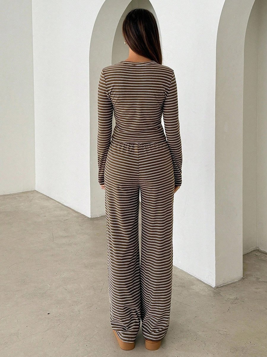 Brown Striped Crop Top and Pants Set
