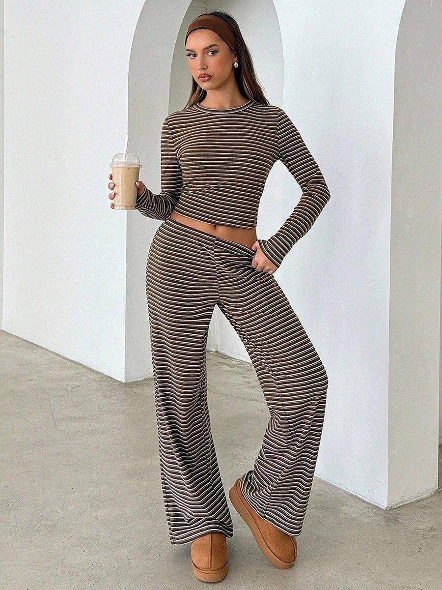 Brown Striped Crop Top and Pants Set