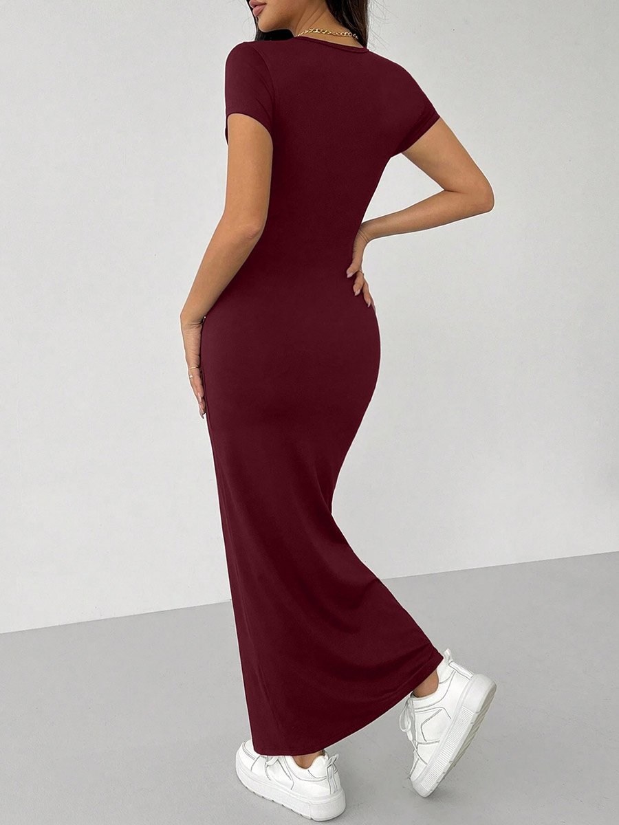 Burgundy Short Sleeve Bodycon Maxi Dress